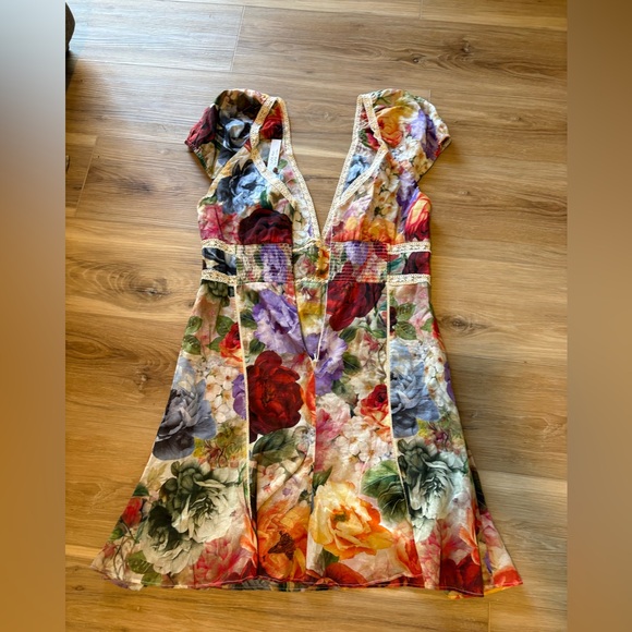 Alice + Olivia Rose Print Deep V Lace Detail Mini Dress Fit & Flare 10 *Flaw - Picture 7 of 8